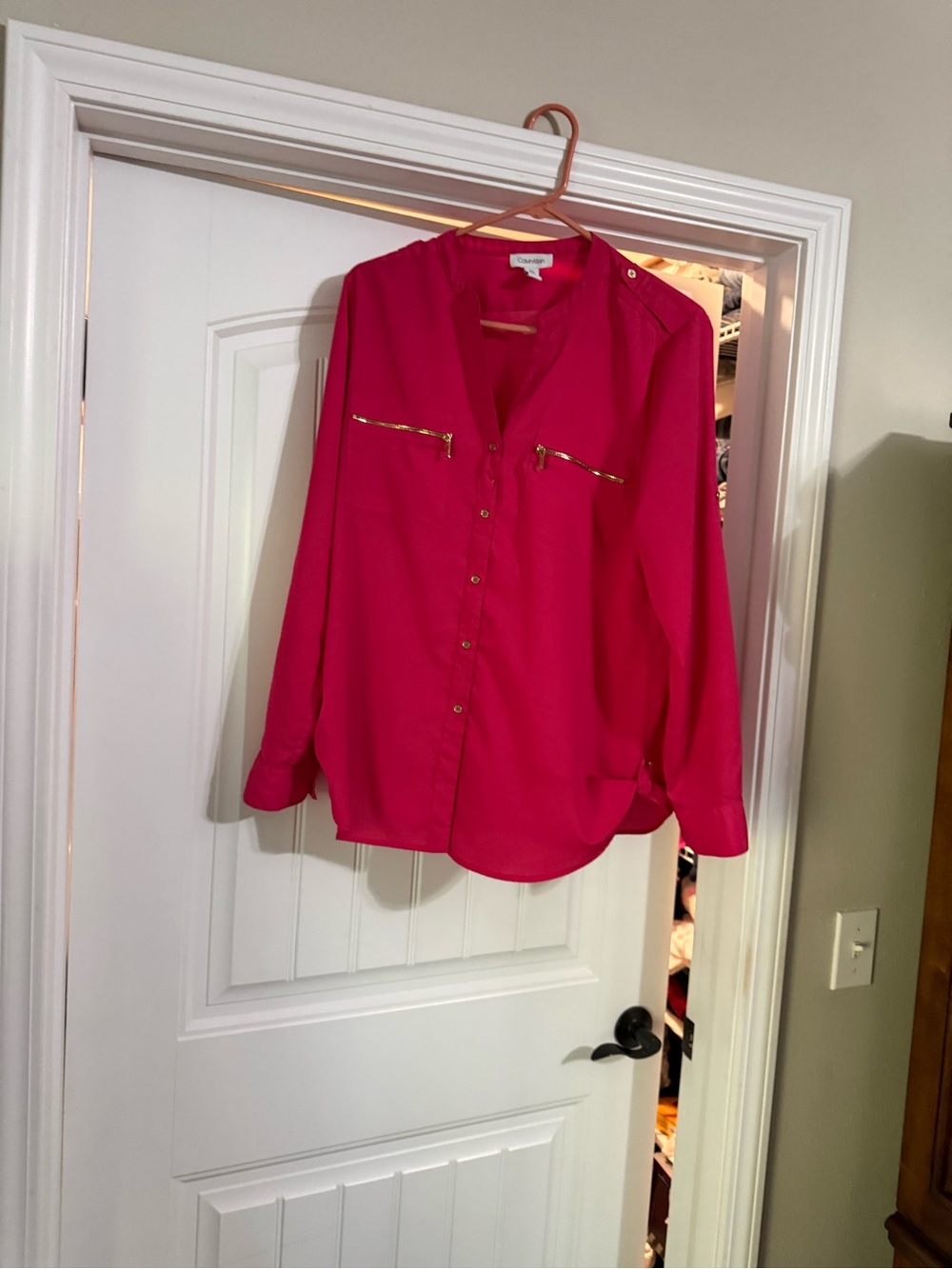 Calvin Klein Hot Pink Button-Down Blouse with Gold Zipper Accents